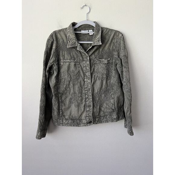 Chicos Jacket Womens Medium Green Embroidered Button Down Textured Pockets Boho - Picture 5 of 13